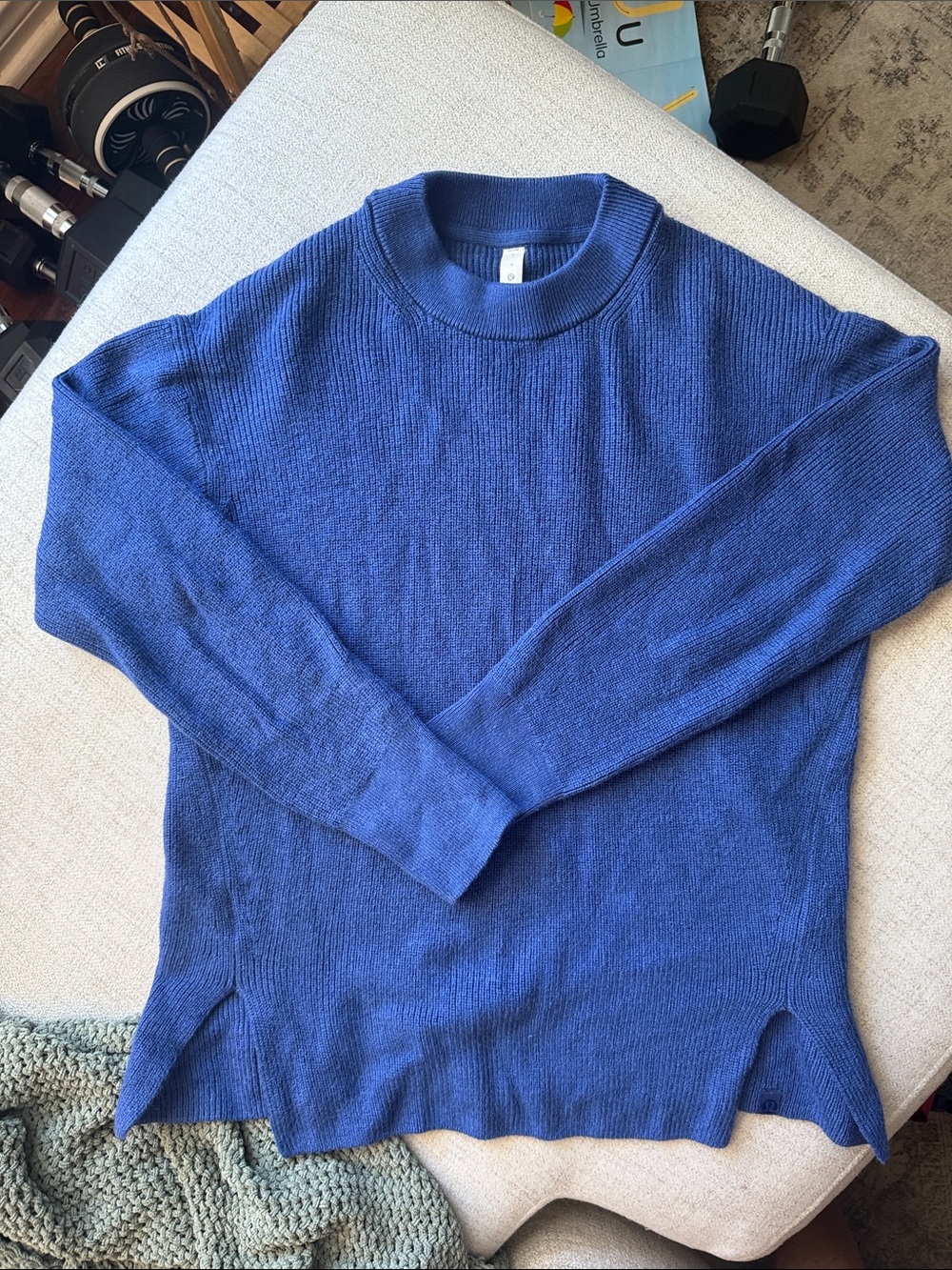 Lululemon Ribbed Crew Neck Knit Sweater 4 Blue Side Slits